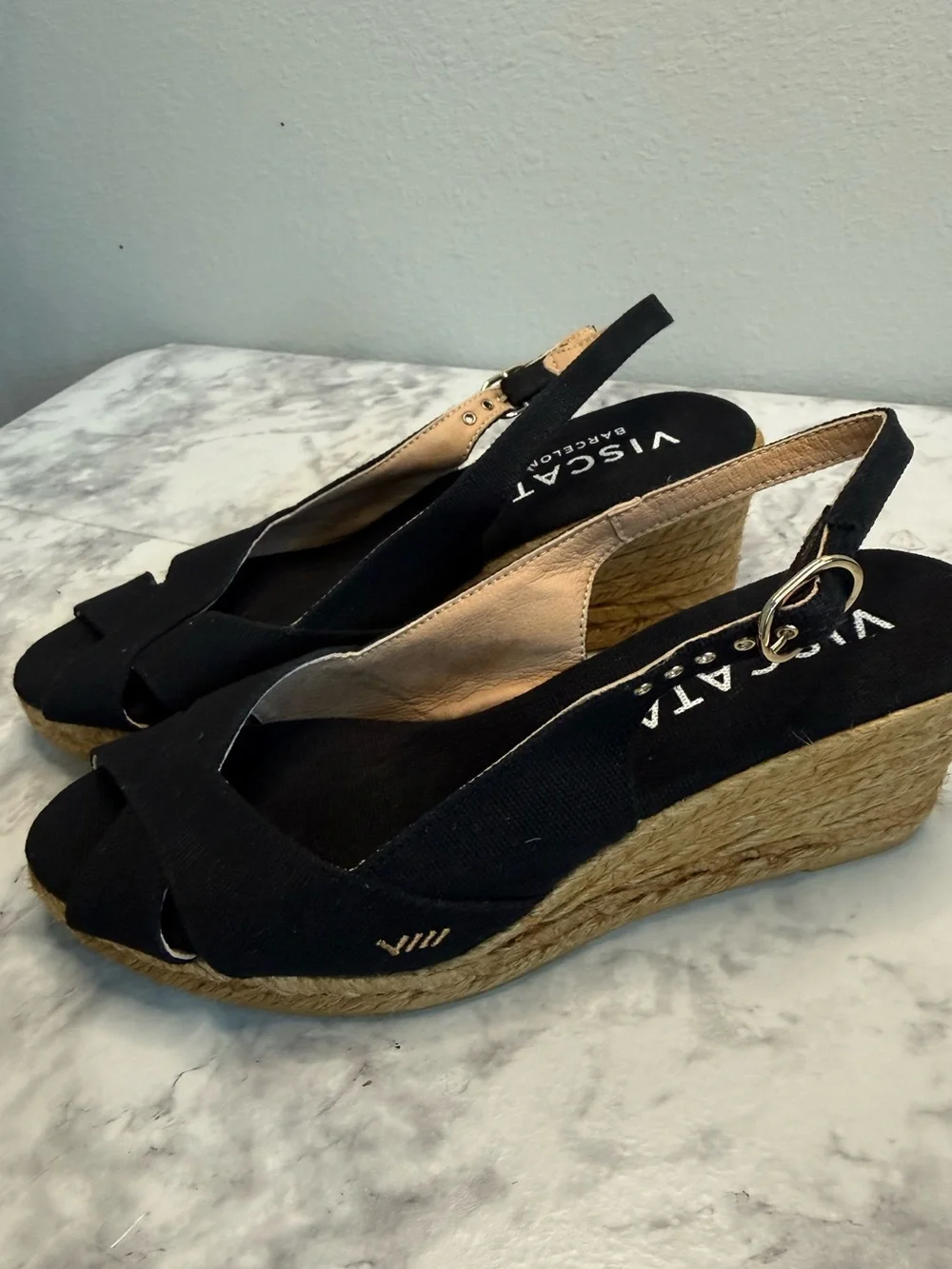 Viscata Barcelona Black Crisscross Espadrille Wedge Sandals Sz 8 1/2 made Spain